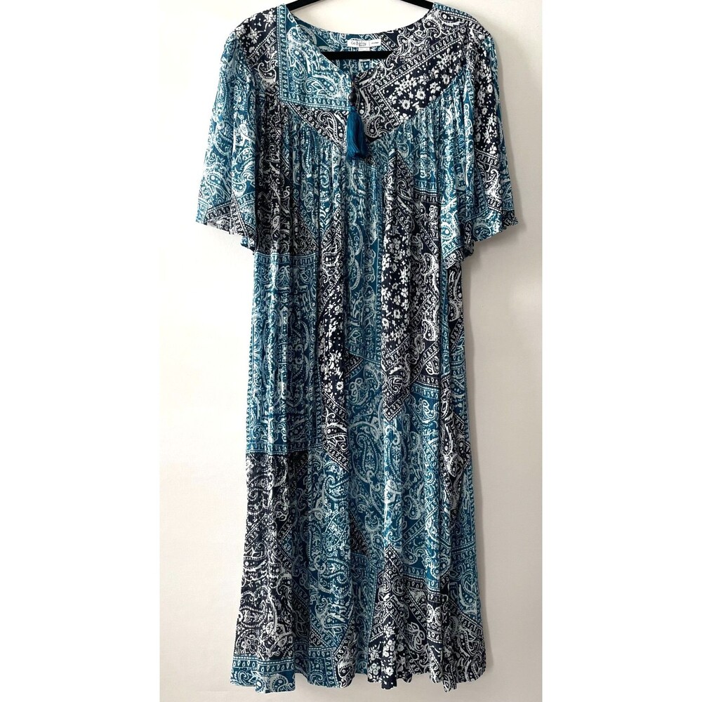 Go Softly Patio Dress Womens 1X Teal Navy Paisley Rayon Zip Front Tassel - Picture 1 of 12